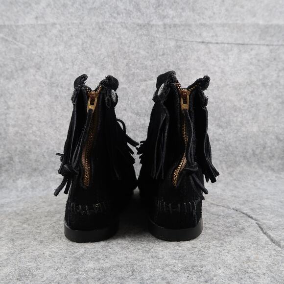 Minnetonka Shoes Womens 7.5 Bootie Moccasin Leather Hi Top Back Zip Fringe Black - Picture 5 of 13